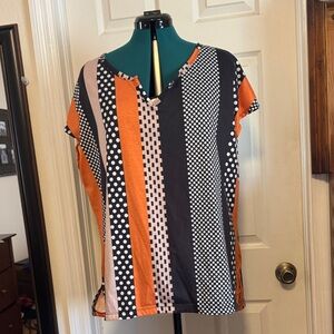 Women's Orange and Black Striped Polka Dot Top